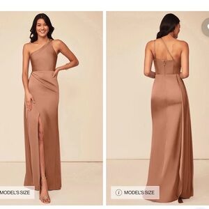 Azazie One-Shoulder Copper Dress Marion Stretch Satin in color: Bronzer